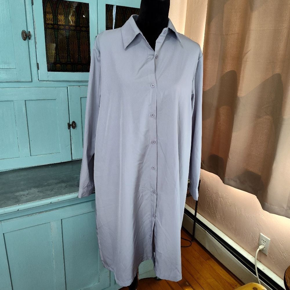 Grey Button Up Long Sleeve Collared Lightweight Midi Dress sz XL